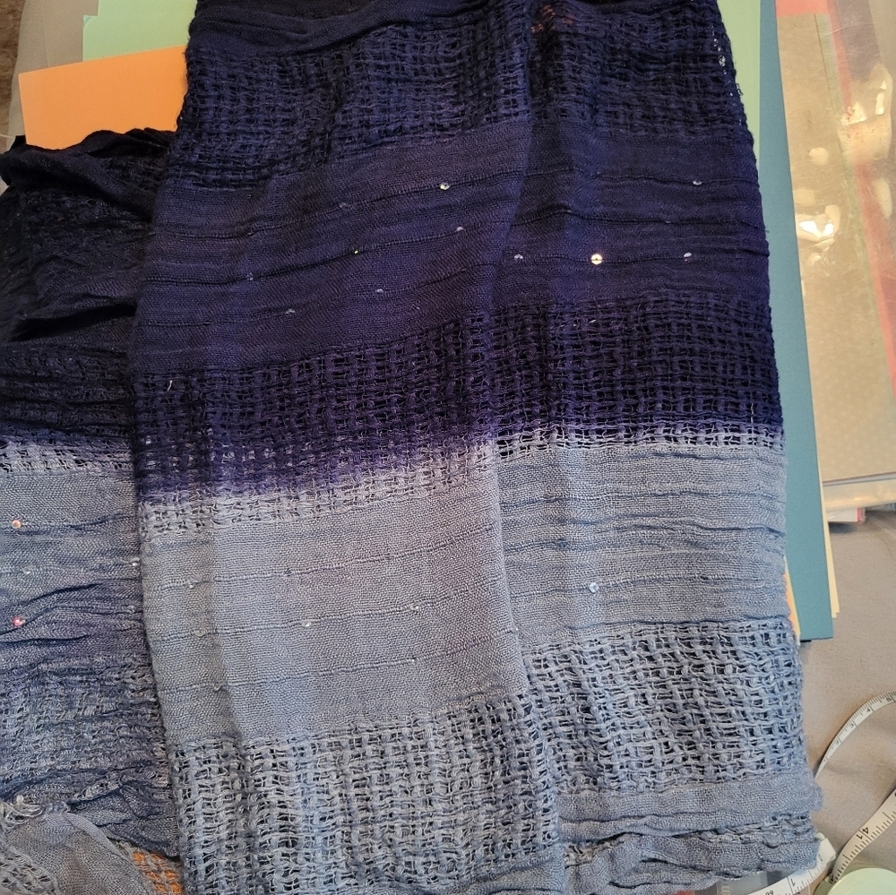 Two-Tone Blue Knit Lightweight Wrap with Crystals & Fringe, One Size - Picture 3 of 3